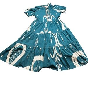 Sheridan French Dress Women Size S Teal White Ikat Tiered Maxi‎ Boho Festival